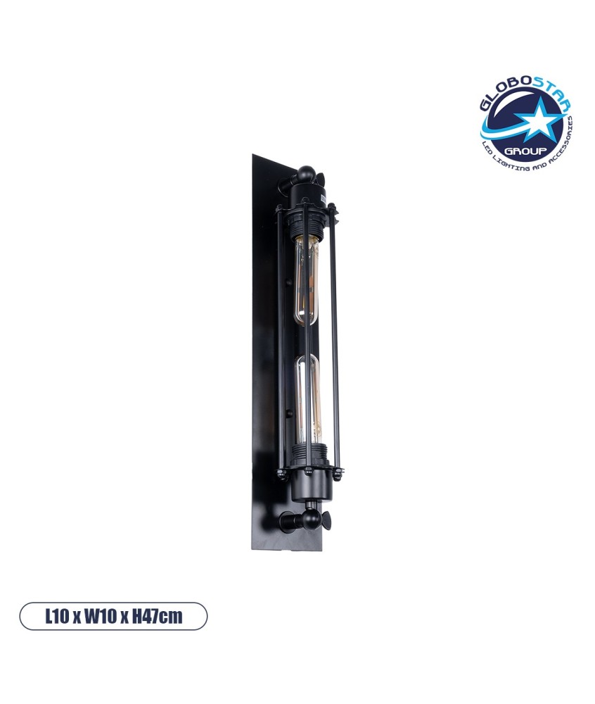 GLOBOSTAR® BESPOKE 01033 Vintage Φωτιστικό Τοίχου - Απλίκα με Ντουί 2 x E27 AC 220-240V IP20 - Μαύρο - Μ10 x Π10 x Υ47cm